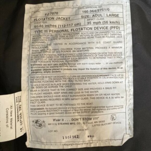 Stearns Floatation Navy Blue Jacket FJ-7070 Large 44-46 - Picture 7 of 12